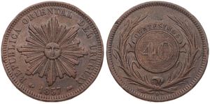Uruguay, Republic, 40 Centesimos Copper 1857D, Radiant sun face, KM 10, A.VF (some edgenicks)
