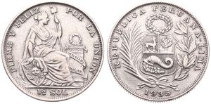 Peru, Republic, 1/2 Sol Silver 1935, Seated Liberty flanked by shield and column, KM 216, VF