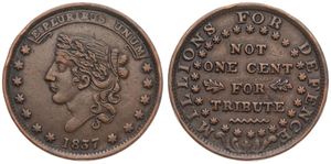United States of America, Republic, Hard Times Token in Copper 1837, Millions for Defence, not one cent for tribute - Liberty head left, KM NL, VF