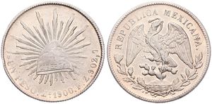 Mexico, Republic, 1 Peso Silver 1900 Zs FZ, Facing Eagle - Radiant Cap, KM 409.3, XF