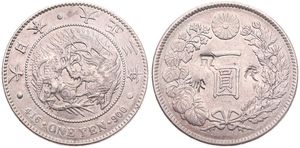 Japan, Empire, Yoshihito, 1 Yen Silver Yr.3 (1914), Dragon within beaded circle and Chinese countermarks, KM 38, XF