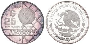 Mexico, Estados Unidos, 25 Pesos Silver 1986, World Championship Soccer - Ball within net, KM 519, PROOF