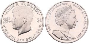 British Virgin Islands, Colony, Elizabeth II, 1 Dollar Copper-Nickel 2003, Assassination of Kennedy, KM 225, B.UNC