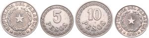 Paraguay, Republic, 5 & 10 Pesos Copper-Nickel 1939, Radiant star within wreath, KM 18/19, VF/XF