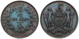 British North Borneo, Colony, 1 Cent Bronze 1887H, National arms with two human supporters, KM 2, XF