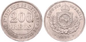 Brazil, Empire, Pedro II, 200 Reis Copper-Nickel 1874, Crowned arms above wreath, KM 478, XF