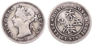 Hong Kong, British Colony, Victoria, 5 Cents Silver 1889H, Crowned bust left, KM 5, VF