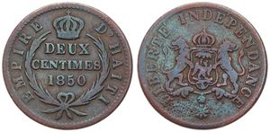 Haiti, Empire, Faustin I, 2 Centimes Copper 1850, Crowned arms with lion supporters, KM 36, A.VF