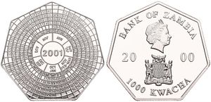 Zambia, Republic, 1000 Kwacha Copper-Nickel 2000, Dated calendar within circular design, KM 74, PROOF