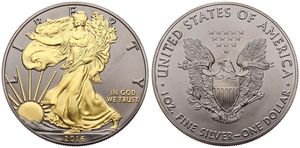 United States of America, Republic, 1 Dollar Silver & Ruthenium Plated 2016, American Eagle - 24Kt Gold Plated Liberty walking left, KM NL, UNC