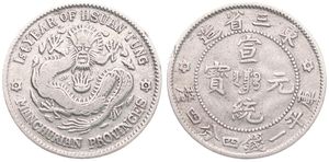 China, Manchurian Provinces, 20 Cents Silver Yr.33 (1908), Dragon and rosettes, KM 210, VF