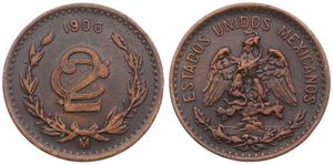 Mexico, Estados Unidos, 2 Centavos Bronze 1906, Standing Eagle, KM 419, VF