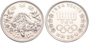 Japan, Empire, Hirihito, 1000 Yen Silver Yr.39 (1964), Olympics - Mount Fuji within sprigs of cherry blossoms, KM 80, UNC