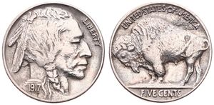 United States of America, Republic, 5 Cents Copper-Nickel 1917, Buffalo nickel, KM 134, VF