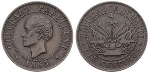 Haiti, Republic, 10 Centimes Bronze 1863, Head of President Geffrard left within beaded circle, KM 40, XF