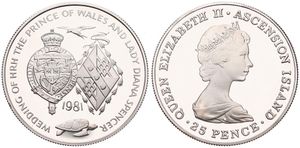 Ascension Island, British Dependency, Elizabeth II, 25 Pence Silver 1981, Wedding of Prince Charles and Lady Diana, KM 3b, PROOF