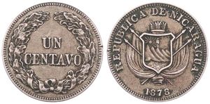 Nicaragua, Republic, 1 Centavo Copper-Nickel 1878, Crowned and draped arms, KM 1, VF+