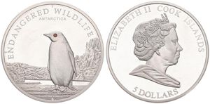 Cook Islands, New Zealand Dependency, 5 Dollars Silver 2008, Endangered Wildlife - Penguin, (Eye with crystal insert), KM 617, PROOF