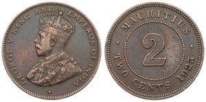 Mauritius, British Colony, George V, 2 Cents Bronze 1923, Crowned bust left, KM 13, VF