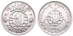 Guinea-Bissau, Portuguese Colony, 10 Escudos Silver 1952, Crowned towers above shield, KM 10, VF