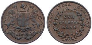 India-British, Colony, East India Company, 1/4 Anna Copper 1835, Shield with lion supporters, KM 446.2 (Small text), XF
