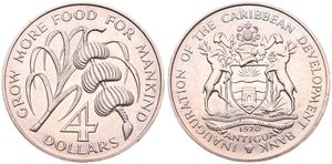 Antigua, British Dependency, Elizabeth II, 4 Dollars Copper-Nickel 1970, F.A.O. - Sugar cane & Banana tree branch, KM 1, UNC