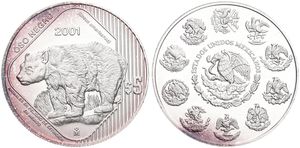 Mexico, Estados Unidos, 5 Pesos Silver 2001, Endangered Wildlife - Black Bear, KM 654, UNC