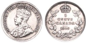 Canada, Confederation, George V, 5 Cents Silver 1919, Crowned bust left, KM 22, XF