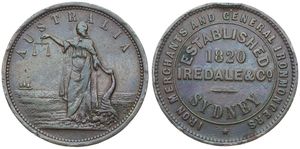 Australia, Private Token Issues, Iredale & Co - Sydney, New South Wales, 1 Penny Copper ND (Established 1820), Legend above standing Justice, KM Tn135, A.VF (edgenicks)