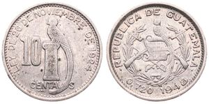 Guatemala, Republic, 10 Centavos Silver 1948, Bird on engraved pillar, KM 239.1, VF
