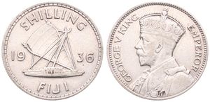 Fiji, British Colony, George V, 1 Shilling Silver 1936, Crowned bust left / Outrigger, KM 4, VF