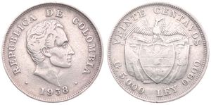 Colombia, Republic, 20 Centavos Silver 1938/1, Head of Simon Bolivar right, KM 197, VF