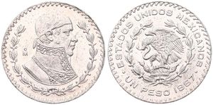 Mexico, Estados Unidos, 1 Peso Silver 1967, Armored bust right, KM 459, UNC