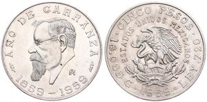 Mexico, Estados Unidos, 5 Pesos Silver 1959, 100th Anniversary of the Birth of Carranza, KM 471, A.UNC