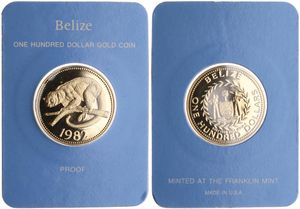 Belize, Commonwealth, 100 Dollars Gold 1982, Kinkajou on branch, KM 70, PROOF, Comes in original box with certificate of authenticity (*)