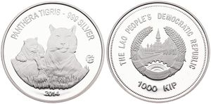 Lao, Peoples Democratic Republic, 1000 Kip Silver 2014, Endangered Wildlife - Tigers, KM New, PROOF