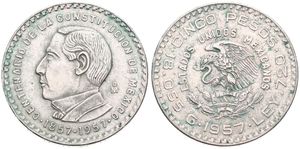 Mexico, Estados Unidos, 5 Pesos Silver 1957, 100th Anniversary of the Constitution, KM 470, A.UNC