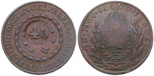 Brazil, Empire, Pedro II, Countermarked Coinage, 40 Reis Copper ND (1835) 1831R, Countermark on 80 Reis from Pedro II, KM 446, VF