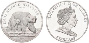 Cook Islands, New Zealand Dependency, 5 Dollars Silver 2008, Endangered Wildlife - Polar Bear with cub, (Eyes with crystal inserts), KM 616, PROOF
