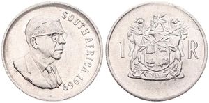 South Africa, Republic, 1 Rand Silver 1969, Bust of Dr. T.E. Donges right, KM 80.1 English legend, UNC