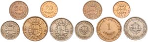 Timor, Portuguese Colony, 20, 50 Centavos & 1, 2-1/2, 5 Escudos 1970, Shield within crowned globe, KM 17/21, A.UNC
