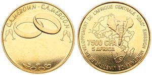 Cameroon, Republic, 7500 CFA - 5 Africa Gilded Brass 2006, Two wedding rings, KM X31a, UNC