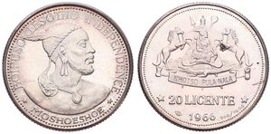 Lesotho, Kingdom, Moshoeshoe II, 20 Licente Silver 1966, Independence attained - native bust right, KM 3, PROOF 