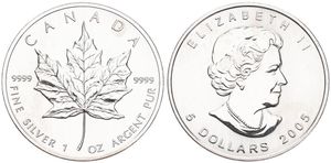 Canada, Confederation, Elizabeth II, 5 Dollars Silver 2005, Maple Leaf - New bust right, KM 625, UNC