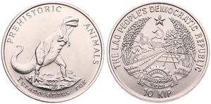 Lao, Peoples Democratic Republic, 10 Kip Copper-Nickel 1993, Prehistoric Animals - Tyranosaurus Rex, KM 50, UNC