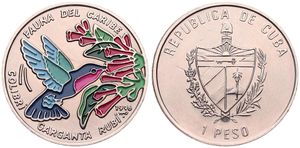 Cuba, Second Republic, 1 Peso Nickel Bonded Steel 1996, Multicolor Carib Hummingbird, KM 549, UNC