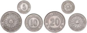 Peru, Republic, Provisional Coinage, 5, 10 & 20 Centavos Copper-Nickel 1879, Radiant sun within circle, KM 197/199, VF/XF