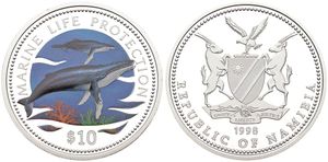 Namibia, Republic, 10 Dollars Silver 1998, Marine Life Protection - Multicolor Whale and calf, KM 13, PROOF