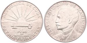 Cuba, First Republic, 1 Peso Silver ND (1953), Centennial of Jose Marti - Bust left, KM 29, XF