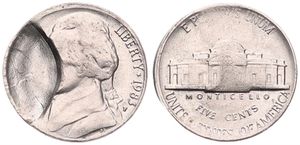United States of America, Republic, 5 Cents Copper-Nickel 1983P, Head of Jefferson left, KM A192, SCARCE ERROR COIN !, XF